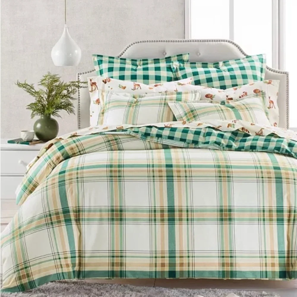 Martha Stewart Collection Holiday Flannel Neutral Plaid Duvet Cover, Full/Queen